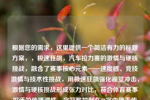 根据您的需求，这里提供一个简洁有力的标题方案，，极速狂飙，汽车拉力赛的激情与硬核挑战，融合了赛事核心元素——速度感、竞技激情与技术性挑战，用极速狂飙强化视觉冲击，激情与硬核挑战形成张力对比，符合体育赛事报道的传播调性，字符数控制在20字内便于传播。）