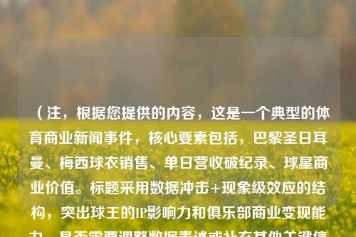 (注,根据您提供的内容,这是一个典型的体育商业新闻事件,核心要素包括,巴黎圣日耳曼、梅西球衣销售、单日营收破纪录、球星商业价值。标题采用数据冲击+现象级效应的结构,突出球王的IP影响力和俱乐部商业变现能力。是否需要调整数据表述或补充其他关键信息?)