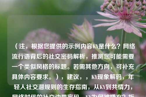 （注，根据您提供的示例内容KY是什么？网络流行语背后的社交密码解析，推测您可能需要一个类似风格的标题。若需其他方向，可补充具体内容要求。），建议，，KY现象解码，年轻人社交潜规则的生存指南，从KY到共情力，网络时代的社交边界密码，KY为何被嫌弃？拆解当代社交中的隐形雷区，（请提供具体内容或方向，我将为您精准定制标题）